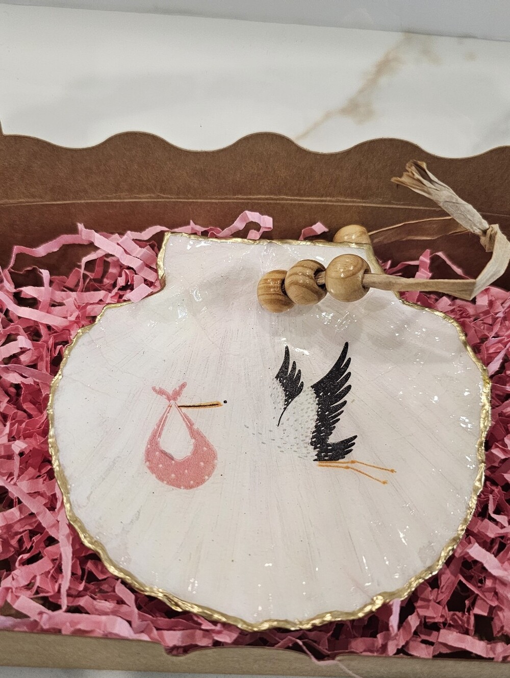 Handmade Decoupaged Pale Pink Baby Girl Stork Print Scallop Ornament in Gift Box